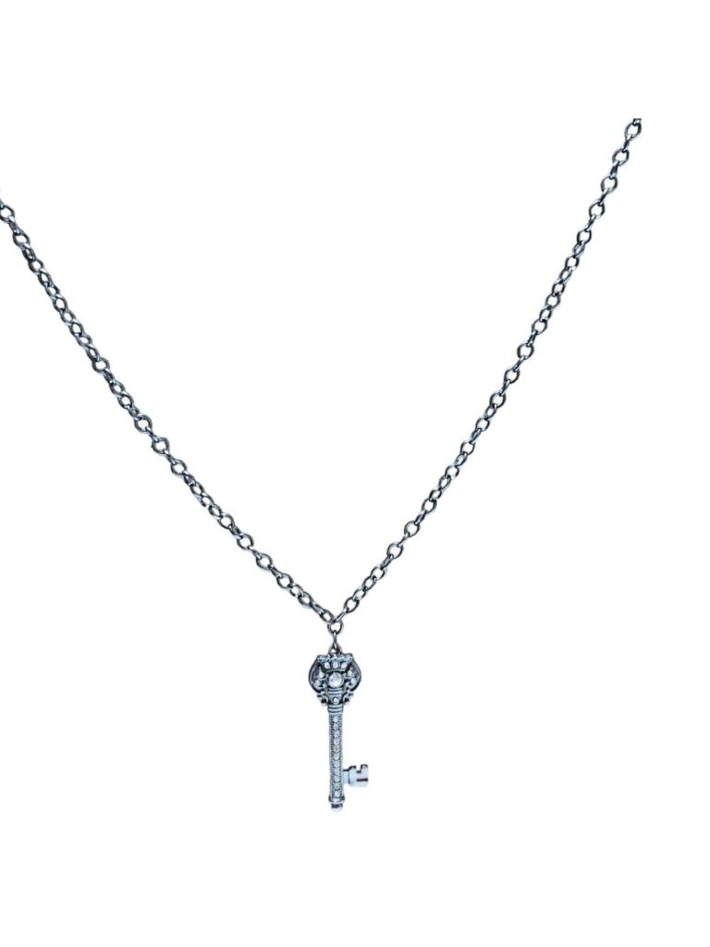 Antique Skeleton Key Pendant Necklace Victorian Gothic Silver Tone Rhinestone